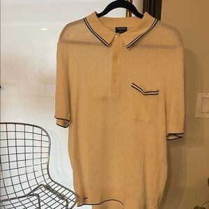 Todd Snyder Beige Knit silk/cotton tipped riviera Polo with navy blue accents